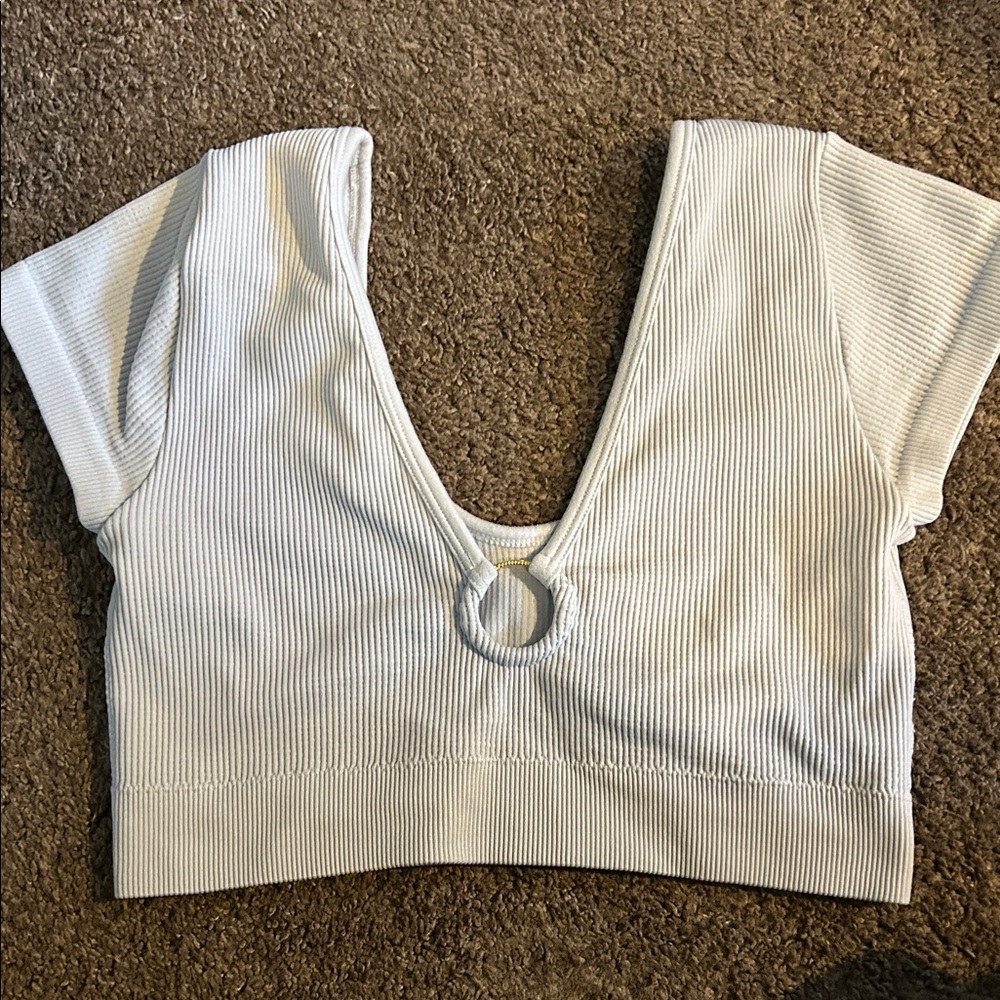 Aerie Very Light Grayish Blue Ribbed V-Neck Crop Top